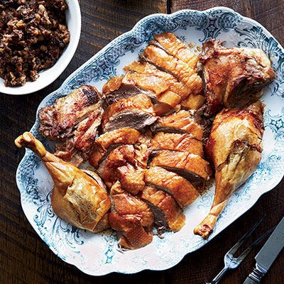 Roast Goose with Pork, Prune, and Chestnut Stuffing <p>While author Luke Barr's research shows that Julia Child prepared a roast goose stuffed with pork, prunes and chestnuts for Christmas dinner in 1970, no such exact recipe exists in any of her cookbooks. Inspired by the goose recipes in Child's Mastering the Art of French Cooking, Food and Wine's Kay Chun perfected this delicious version, which calls for techniques — like basting the goose with boiling water — that Child most likely used as well. </p>
<p><strong>Recipe: <a href="http://gogonow.org/recipefinder/roast-goose-pork-prune-chestnut-stuffing-recipe-fw1213%22 target="_blank">Roast Goose with Pork, Prune, and Chestnut Stuffing</a></strong></p>