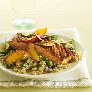 <p>Cooking salmon on the coals is a delicious way to get heart-healthy omega-3s. Nutty-tasting quinoa and peaches deliver additional flavor — and fiber.</p>
<p><b>Recipe: <a href="http://www.delish.com/recipefinder/grilled-salmon-peaches-recipe-ghk0610">Grilled Salmon with Peaches</a></b></p>