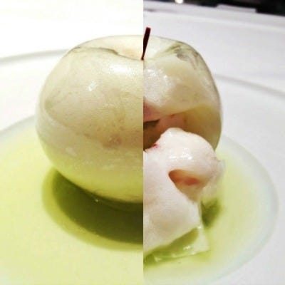 <p>Aqua's ethereal "Big Apple" dessert is modeled after a humble Granny Smith. The edifice is made entirely of sugar, which breaks open to reveal an entirely edible center (no wasted core here) of crushed pecans and Granny Smith-flavored foam. Pecans add the only heft to this dessert that quickly melts away on your tongue.</p>
<p><strong>Restaurant Aqua:</strong> Parkstrasse 1 38440, Wolfsburg, Germany; +49 53 61 60 60 56; <a href="http://www.restaurant-aqua.com/" target="_blank">restaurant-aqua.com</a></p>