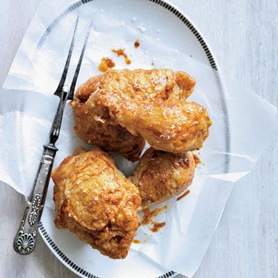<p>Erik Anderson and Josh Habiger make their brine with sweet tea and thyme, a recipe inspired by chef Joseph Lenn of Tennessee's Blackberry Farm; the brine gives the chicken a delicate, sweet flavor.</p>
<p><strong>Recipe: <a href="http://gogonow.org/recipefinder/tea-brined-double-fried-hot-chicken-recipe-fw0713%22 target="_blank">Tea-Brined and Double-Fried Hot Chicken</a></strong></p>
