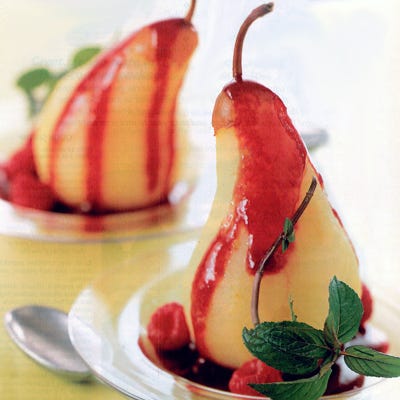 <p>Drizzled with bright ruby sauce and garnished with mint, it's easy to mistake these beauties for centerpieces. This dessert's appearance doesn't oversell, though; it tastes just as good as it looks.</p>
<p><strong>Recipe: <a href="http://gogonow.org/recipefinder/quick-poached-pears-ruby-red-raspberry-sauce-1252%22 target="_blank">Quick Poached Pears with Ruby-Red Raspberry Sauce</a></strong></p>