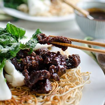 <p>This sweet and gingery beef becomes extra tender from marinating it in beer. Turn this meal into a party hors d'oeuvre by serving the beef in bite-sized pieces with toothpicks on top of the crispy noodles.</p><p><strong>Recipe:</strong> <a href="http://www.delish.com/recipefinder/mongolian-beef-baby-bok-choy-stir-fry-crispy-chow-mein-noodles-recipe-fw0314"><strong>Mongolian Beef and Baby Bok Choy Stir-Fry with Crispy Chow Mein Noodles</strong></a></p>