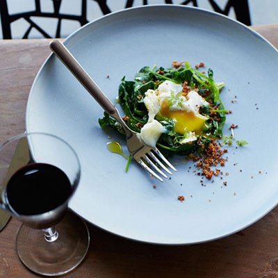 Poached Eggs with Bacon Crumbs and Spinach