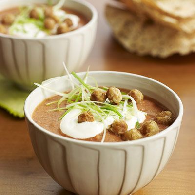 <p>Indian-influenced and elegant, this creamy tomato soup is garnished with crunchy spiced chickpeas.</p><p><b>Recipe:</b><a href="http://www.delish.com/recipefinder/tomato-coconut-soup-chickpeas-recipe?click=recipe_sr"><b>Tomato-Coconut Soup with Spiced Chickpeas</b></a></p>