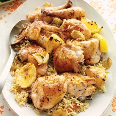 <p>Work on the orzo and salad while the chicken roasts — the whole meal will hit the table in about a half hour. When cut into small pieces and roasted at high heat, even bone-in chicken cooks quickly. Buy a cut-up chicken, and divide the breast halves into two at home. </p>
<p><strong>Recipe: <a href="http://gogonow.org/recipefinder/lemon-roasted-chicken-arugula-salad-dilled-orzo-recipe-mslo0214%22 target="_blank">Lemon-Roasted Chicken with Arugula Salad and Dilled Orzo</a></strong></p>