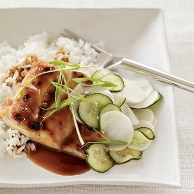 This is a fairly classic take on teriyaki — broiled or grilled slices of marinated meat or fish. The small amount of sugar in the soy-based sauce caramelizes in the heat, creating a deliciously sticky glaze.

  Recipe: Fish Teriyaki with Sweet-and-Sour Cucumbers