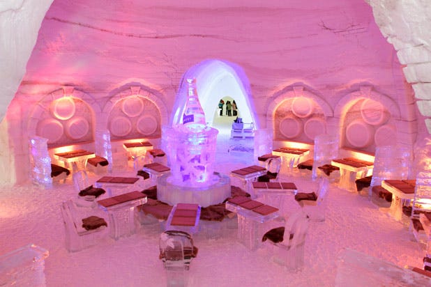 Montreal, Quebec’s Pommery Ice Restaurant at Snow Village Canada is the first of its kind in North America, combining a gourmet eating experience with extravagant ice and snow sculptures and architecture. Chef Matthieu Saunier’s dishes, like Jerusalem artichoke and cauliflower cream soup with stewed wild boar and fried artichoke ravioli; maplewood smokehouse sea trout tartare with blinis, yuzu, and tobiko mayo; and Cornish game hen stuffed with morels, make the edible experience just as enthralling as the visuals.