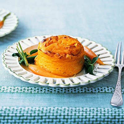 Carrot Pudding Souffles with Buttered Spring Vegetables
