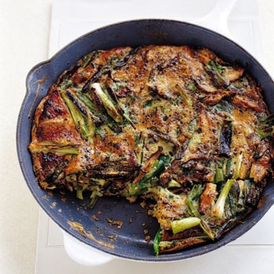 <p>Although it makes a delightful breakfast, the frittata could also be served with a green salad for a lunch or light dinner. White button mushrooms can be substituted for the shiitakes; trim but do not remove the stems. Cook the vegetables, then add the seasoned eggs, and bake the frittata — all in one pan.</p>
<p><b>Recipe: <a href="http://www.delish.com/recipefinder/mushroom-scallion-frittata-recipe-mslo0114" target="_blank">Mushroom and Scallion Frittata</a></b></p>