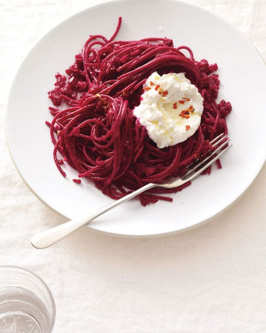 <p>Whole-grain spaghetti gets striking color from a quick toss with puréed beets (a prime source of the phytonutrient betalain). Sun-dried tomatoes — richer in lycopene than fresh ones — lend the sauce a caramelized sweetness.</p>
<p><b>Recipe: <a
href="http://gogonow.org/recipefinder/beet-pasta-ricotta-recipe-mslo0314%22%3E Beet Pasta with Ricotta</a></b></p>