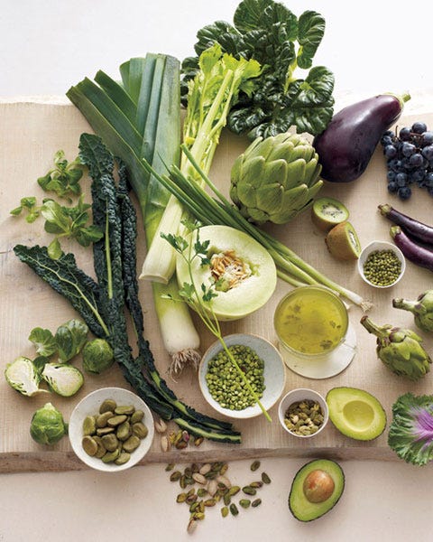 <p><b>Chlorophyll:</b><br />
Good Sources: watercress, leeks, arugula, parsley<br />
Benefits: Present in virtually every green plant food (even pistachios!), this may decrease the risk of liver cancer.<br />
Cooking Tip: Leeks are milder than onions; thinly sliced, they make a delicious addition to salads.</p>
<p><b>Apigenin and Luteolin:</b><br />
Good Sources: celery, parsley<br />
Benefits: This pair's neuroprotective properties may fight diseases like Alzheimer's.<br />
Cooking Tip: Add parsley to salads. Sliced celery, plain yogurt, and lemon juice make a simple dip.</p>
<p><b>Catechins:</b><br />
Good Source: green tea<br />
Benefits: Consumption of freshly brewed leaves may lower LDL (bad) cholesterol.<br />
Cooking Tip: Blend brewed green tea with frozen berries and honey for a smoothie.</p>
<p><b>Isothiocyanates:</b><br />
Good Sources: Kale, brussels sprouts, broccoli<br />
Benefits: Found in cruciferous vegetables, these help purge the body of potential carcinogens.<br />
Cooking Tip: Raw foods offer the most potent supply. For a no-cook side, marinate thinly sliced brussels sprouts in olive oil and lemon juice and toss with sliced apple.</p>