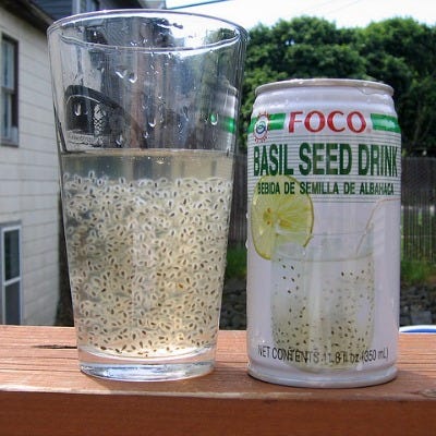 <p>This drink might look like it's fully of tiny tadpoles, but those little jelly-covered bits are actually basil seeds. Basil seed drinks are often also seen with honey, lemon, or other flavorings, but the tiny seeds are always suspended in the liquid, similar to another well-known Asian treat, the bubble tea.</p>