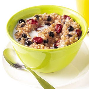 <p>Steel-cut oats take a long time to break down; this recipe simplifies the process by simmering them overnight in a slow cooker and then ups the flavor with dried cranberries and blueberries and maple syrup.</p><p><b>Recipe:</b> <a href="http://gogonow.org/recipefinder/slow-cooker-maple-berry-oatmeal-recipe-122583%22%3E%3Cb%3ESlow Cooker Maple-Berry Oatmeal</b></a></p>