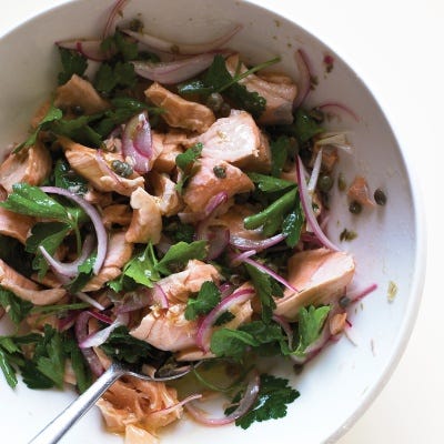 <p>A beautifully poached piece of salmon, clean tasting and light, is a terrific summer meal. The technique really has only one rule: Don't overcook. The salmon should be cooked ever so gently in barely simmering liquid until the center is just slightly translucent.</p>
<p><b>Recipe: <a href="http://gogonow.org/recipefinder/salmon-salad-parsley-capers-recipe-mslo0114%22%3ESalmon Salad with Parsley and Capers</a></b></p>