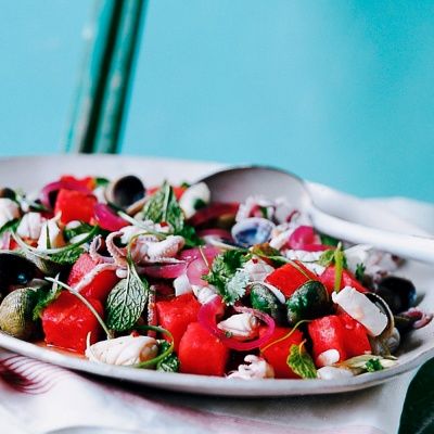 <p>Fresh mint and watermelon are a cooling counterpoint to the heat in this light, summery salad.</p>
<p><br/><strong>Recipe: <a href="http://www.delish.com/recipefinder/calamari-chile-watermelon-salad-recipe-mslo0614" target="_blank">Calamari, Chile, and Watermelon Salad</a></strong></p>
