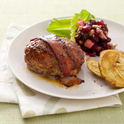 <p>Cooked couscous and grated veggies inside and a strip of bacon wrapped around the outside keep this quick turkey meatloaf moist. Serve with the homemade <a href="http://gogonow.org/recipefinder/turkey-couscous-meatloaves-recipe%22%3E%3Cb%3ECranberry, Apple, and Walnut Relish</b></a>.</p>
<p><b>Recipe: <a href="/recipefinder/turkey-couscous-meatloaves-recipe">Turkey Couscous Meatloaves</a></b></p>
