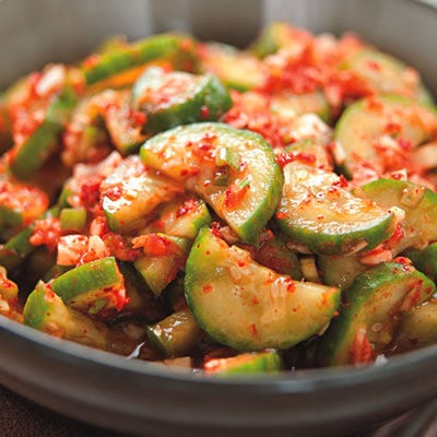 <p>While slowly fermented cabbage and pungent garlic are the ingredients most people associate with kimchi, there are dozens and dozens of other versions of Korea's national dish, featuring all manner of vegetables, such as these quickly pickled cucumbers with just a trace of garlic.</p>
<p><strong>Recipe:</strong> <a href="http://gogonow.org/recipefinder/quick-cucumber-kimchi-recipe-ew0710%22 target="_blank"><strong>Quick Cucumber Kimchi</strong></a></p>


