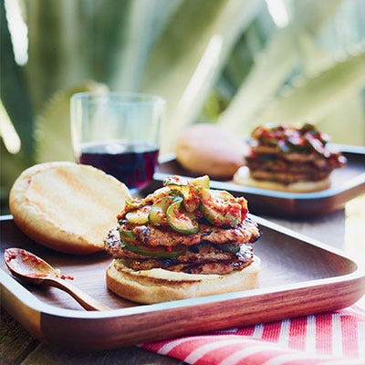 <p>Bill Kim's thin, triple-stacked burgers, loaded with ginger, lemongrass, cilantro and basil, are inspired by a lemongrass pork sausage he often serves at his restaurant in Chicago, BellyQ.</p>
<p><strong>Recipe:</strong> <a href="http://gogonow.org/recipefinder/triple-pork-burgers-quick-cucumber-kimchi-recipe-fw0713%22 target="_blank"><strong>Triple Pork Burgers with Quick Cucumber Kimchi</strong></a></p>


