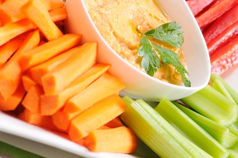 <p>It's OK to (sometimes) play with your food. For my family, this means cutting vegetables into bite-size pieces and serving them with a light dip. Bauer favorites: baby carrots, sugar snap peas, red bell pepper and celery sticks, and grape tomatoes.</p>