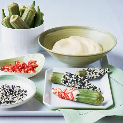 <p>This okra gets not one but two coatings: Dip first in miso mayonnaise, then add crunch with sesame seeds or heat with fresh chiles.</p>
<p><strong>Recipe:</strong> <a href="http://gogonow.org/recipefinder/okra-double-dippers-recipe-fw0813%22 target="_blank"><strong>Okra Double Dippers</strong></a></p>
