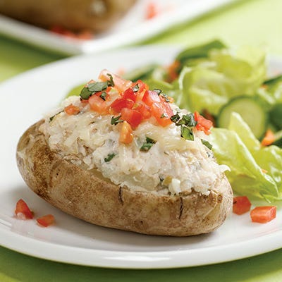 <p>These baked potatoes topped with canned tuna, artichoke hearts, provolone cheese, and basil may seem unconventional, but the flavor combination is awesome. Serve with a mixed green salad.</p>
<p><strong>Recipe: <a href="http://gogonow.org/recipefinder/tuna-artichoke-basil-stuffed-potatoes-recipe-ew0311%22 target="_blank">Tuna, Artichoke, and Basil Stuffed Potatoes</a></strong></p>