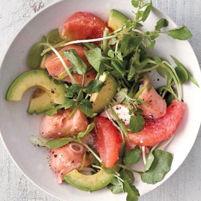 <p>A satisfying salad is all about a combination of textures: here, crisp greens, juicy citrus, silky salmon, and rich avocado.</p>
<p><strong>Recipe: <a href="http://www.delish.com/recipefinder/grapefruit-salmon-avocado-salad-recipe-mslo0414" target="_blank">Grapefruit, Salmon, and Avocado Salad</a></strong></p>