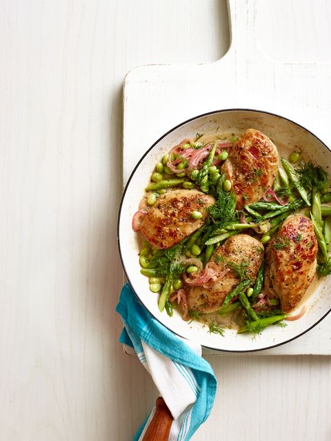 <p>Bright green spring vegetables and fresh herbs are the perfect way to liven up basic chicken breasts for spring. Edamame adds an extra boost of protein, fiber, and iron to this healthy meal.</p><p><b>Recipe: </b><a href="http://www.delish.com/recipefinder/one-pan-spring-chicken-asparagus-edamame-recipe-wdy0414"><b>One-Pan Spring Chicken with Asparagus and Edamame</b></a></p>