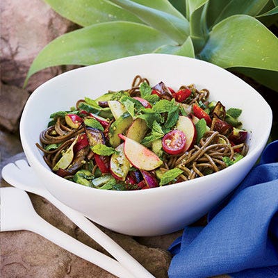 Soba Noodle Salad with Pesto and Grilled Eggplant <p>This chunky salad has a great mix of textures, too: velvety grilled eggplant, crunchy radishes and juicy cucumbers.</p><p><strong>Recipe:</strong> <a href="http://gogonow.org/recipefinder/soba-noodle-salad-pesto-grilled-eggplant-recipe-fw0713%22%3E%3Cstrong%3ESoba Noodle Salad with Pesto and Grilled Eggplant</strong></a></p>