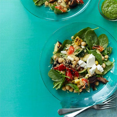 <p>Grilled summer vegetables, couscous, and a fresh green pesto come together to create a healthy, well-rounded meal.</p>
<p><strong>Recipe: <a href="http://gogonow.org/recipefinder/grilled-vegetable-salad-couscous-herb-pesto-recipe-wdy0613%22 target="_blank">Grilled Vegetable Salad with Couscous and Herb Pesto</a></strong></p>