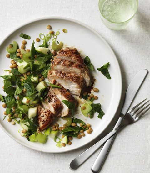 <p>This dish is full of flavor (and heart-healthy fiber) thanks to the balanced combination of tart balsamic chicken and a lightly sweet and crunchy salad made with celery, green apple and lemon juice.</p><p><strong>Recipe:</strong> <a href="http://www.delish.com/recipefinder/balsamic-chicken-with-apple-lentil-and-spinach-salad-recipe"><strong>Balsamic Chicken with Apple, Lentil and Spinach Salad</strong></a></p>
