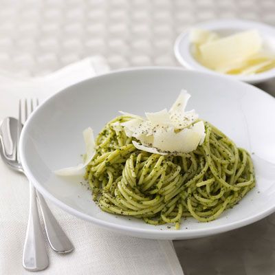 <p>Pesto can be made in advance and stored in the refrigerator for up to one week. If doing this, omit the parmesan cheese when blending, and stir it through just before serving.</p>
<p><strong>Recipe:</strong> <a href="http://www.delish.com/recipefinder/spaghetti-pesto-del0312" target="_blank"><strong>Spaghetti with Pesto</strong></a></p>