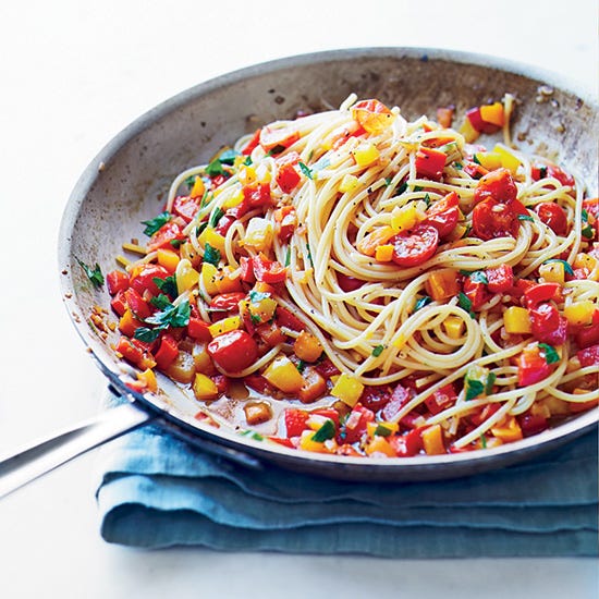Mixed Pepper Pasta <p>F&W's Kay Chun cooks a mound of sweet peppers with onion and garlic, then tosses them with tomatoes and parsley for this hearty vegetarian pasta sauce.</p><p><strong>Recipe:</strong> <a href="http://gogonow.org/recipefinder/mixed-pepper-pasta-recipe-fw0814%22%3E%3Cstrong%3EMixed Pepper Pasta</strong></a></p>