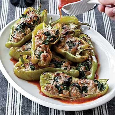 <p>An Italian revelation: Smaller Italian frying peppers are much easier to brown in a skillet than the typical green bell peppers — and they also cook faster. Experiment with these peppers stuffed with a mixture of Parmigiano-Reggiano cheese, pine nuts, red onion, hot Italian sausage, and spinach.</p><p><b>Recipe:</b> <a href="http://www.delish.com/recipefinder/spinach-sausage-stuffed-peppers-recipe-fw1010"><b>Spinach-and-Sausage-Stuffed Peppers</b></a></p>