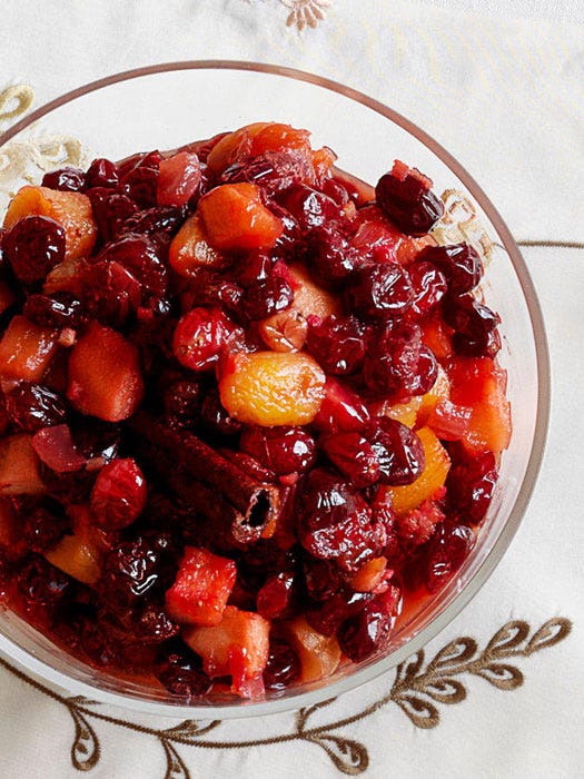 Spiced and sweet, this cranberry sauce-alternative bursts with the bright flavors of fresh cranberry, Golden Delicious apples, lemon, ginger, and cinnamon.

 Recipe:  Cranberry Apple Chutney
