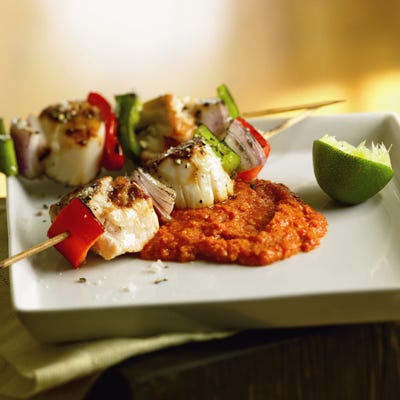 Cat Cora's Salmon and Scallop Skewers with Romesco Sauce