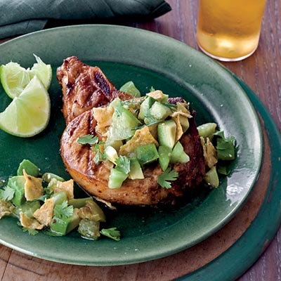 Grilled Chile Pork Chops with Tortilla-Tomatillo Salsa