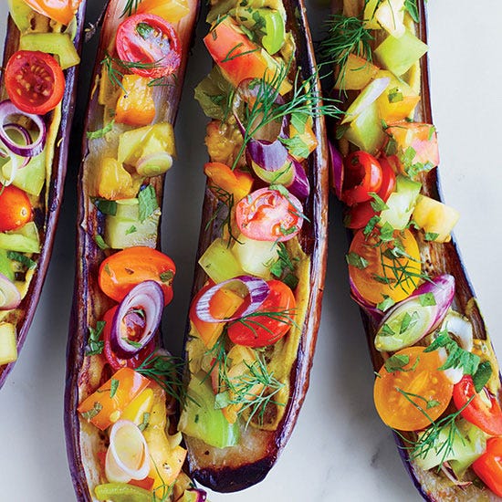<p>F&W Best New Chef 2014 Cara Stadler creates a fantastic vegetarian dish, topping miso-baked eggplants with a bright tomato-and-herb salad and a black vinegar dressing.</p><p><strong>Recipe:</strong> <a href="http://gogonow.org/recipefinder/miso-roasted-eggplants-tomatoes-dill-shiso-black-vinegar-recipe-fw0714%22%3E%3Cstrong%3EMiso-Roasted Eggplants with Tomatoes, Dill, Shiso, and Black Vinegar</strong></a></p>