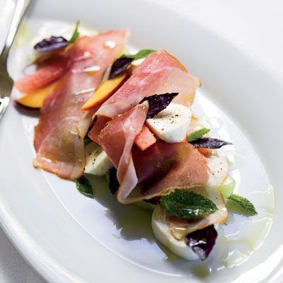 <p>Chef Andy Glover of Mission Estate Winery used smoked pork, but prosciutto is also tasty.</p>

<p><strong>Recipe:</strong> <a href="http://www.delish.com/recipefinder/melon-peach-salad-prosciutto-mozzarella-recipe"><strong>Melon and Peach Salad with Prosciutto and Mozzarella</strong></a></p>
