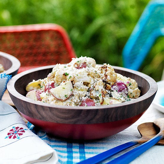 Cauliflower florets are a sly substitute for half of the baby potatoes in this creamy salad. The white-on-white combo gets zingy lift from briny capers, mustard, and freshly grated horseradish.

 Recipe:  Potato and Roasted Cauliflower Salad 