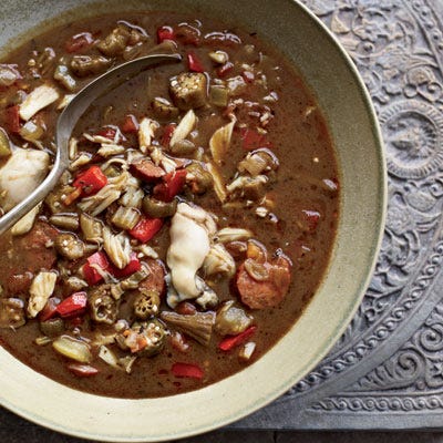 Celebrity chef Andrew Zimmern learned to make gumbo on a trip in the Louisiana bayou. This version of the famous Cajun dish calls for andouille sausage and super spicy habanero chile, as well as fresh shellfish.
 Recipe: Andouille, Crab, and Oyster Gumbo