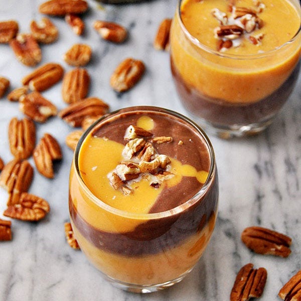 <p>Forget a knife and fork, you can eat these tiny pumpkin pies in one bite!</p> <p><strong>Get the recipe from <a href="http://www.fussfreecooking.com/recipe-categories/sugary-treats/chocolate-swirl-pumpkin-spiced-smoothie-recipe/" target="_blank">Fuss Free Cooking</a>.</strong></p>