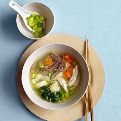 Miso, chard, and buckwheat noodles stand in for bouillon, peas, and pasta in this twist on classic chicken noodle soup. Leeks and scallions add cancer-fighting phytochemicals to the magnesium- and folate-rich brew.

 Recipe:  Miso Noodle Soup
