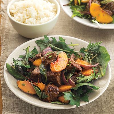 
<p>Sweet peaches meet their savory match in marinated steak, plus a robust vinaigrette with Asian influences. </p>
<p><strong>Recipe:</strong> <a href="http://www.delish.com/recipefinder/stir-fried-beef-peach-salad-recipe-clv0613" target="_blank"><strong>Stir-Fried Beef and Peach Salad</strong></a></p>
