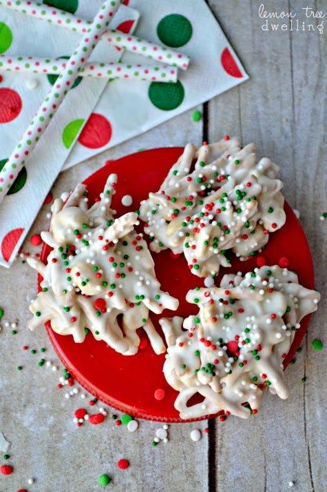 <p>White chocolate creates an easy and yummy base for these salty-sweet haystacks to display fun Christmas colored sprinkles.</p> <p><strong>Get the recipe from <a href="http://www.lemontreedwelling.com/2013/12/white-chocolate-ting-a-lings.html" target="_blank">Lemon Tree Dwelling</a>.</strong></p>