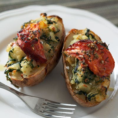 Twice-Baked Potatoes with Arugula and Roasted Tomato Topping
