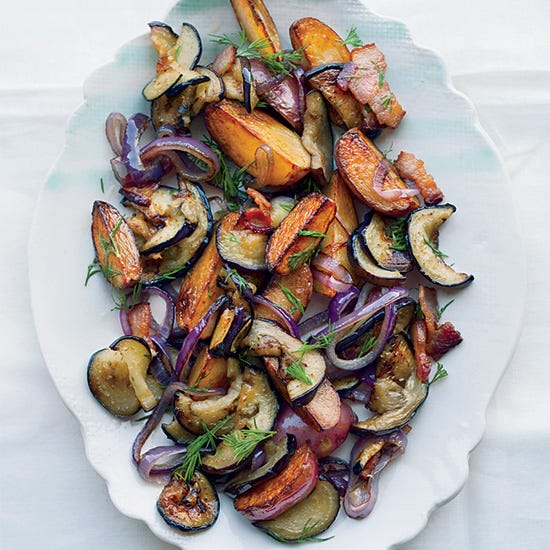 <p>This salad from F&W's Kay Chun combines smoky bacon and potatoes with silky eggplant. Dill and lemon add a bright, refreshing hit of flavor.</p><p><strong>Recipe:</strong> <a href="http://gogonow.org/recipefinder/eggplant-potato-salad-recipe-fw0714%22%3E%3Cstrong%3EEggplant Potato Salad</strong></a></p>