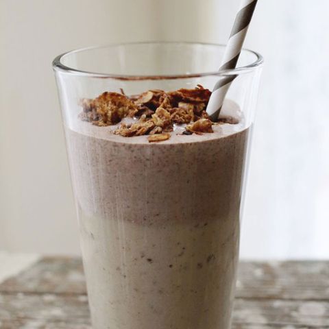 Peanut Butter and Hazelnut Smoothie
<p>Which do you prefer: peanut butter or a hazelnut spread? Can't decide? Not a problem. This ultra-indulgent smoothie has both, plus chocolate nibs <i>and</i> a crunchy chocolate granola topping.</p>

<p><b>Get the recipe from <a href="http://www.abeautifulmess.com/2013/01/peanut-butter-hazelnut-smoothie.html" target="_blank">A Beautiful Mess</a></b>.</p>