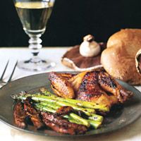 Grilled Asian Cornish Hens with Asparagus and Portobello Mushrooms