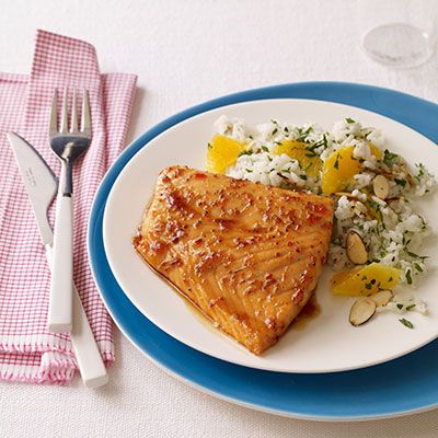 <p>The sweet tang of citrus and the bite of hot pepper jelly are what make this salmon dish so uniquely flavorful.</p>
<p><strong>Recipe:</strong> <a href="http://www.delish.com/recipefinder/sweet-tangy-glazed-salmon-orange-almond-rice-recipe-wdy0913" target="_blank"><strong>Sweet and Tangy Glazed Salmon with Orange-Almond Rice</strong></a></p>