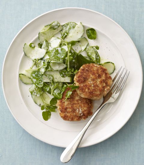 <p>These patties are fabulous alone, but also make for a terrific sandwich when placed on soft rolls or in pita bread. Whichever way you serve them, include the cucumber-watercress salad—it's a creamy and verdant blend that can't be beat.</p>
<p><strong>Recipe:</strong> <a href="http://www.delish.com/recipefinder/horseradish-salmon-cakes-recipe" target="_blank"><strong>Horseradish Salmon Cakes</strong></a></p>